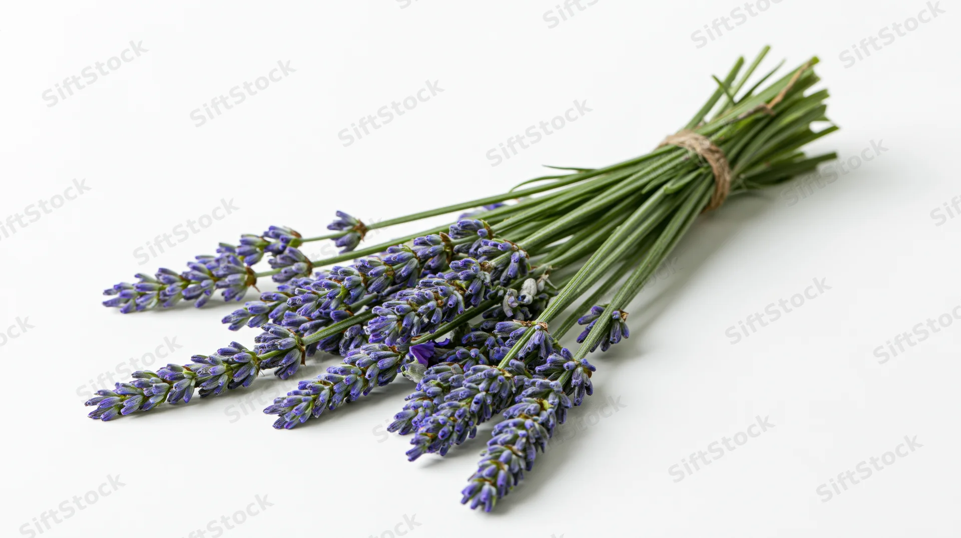 A bundle of fresh lavender stems tied with twine on a white background