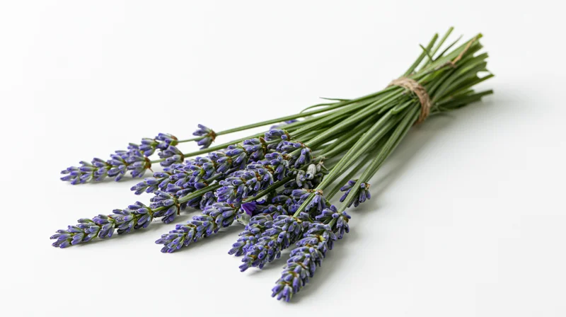 A bundle of fresh lavender stems tied with twine on a white background