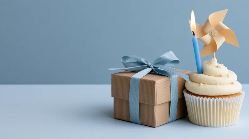 A cupcake with a lit blue candle and paper pinwheel beside a kraft gift box tied with a light blue ribbon on a light blue surface