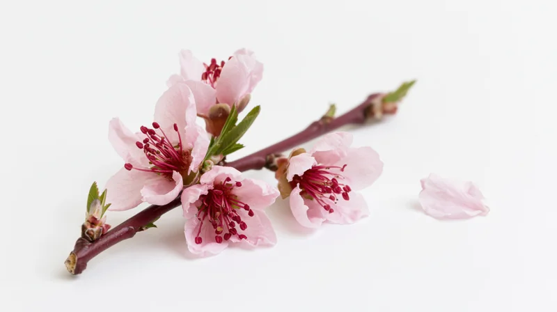 Peach blossom branch with open pink flowers and buds on white background
