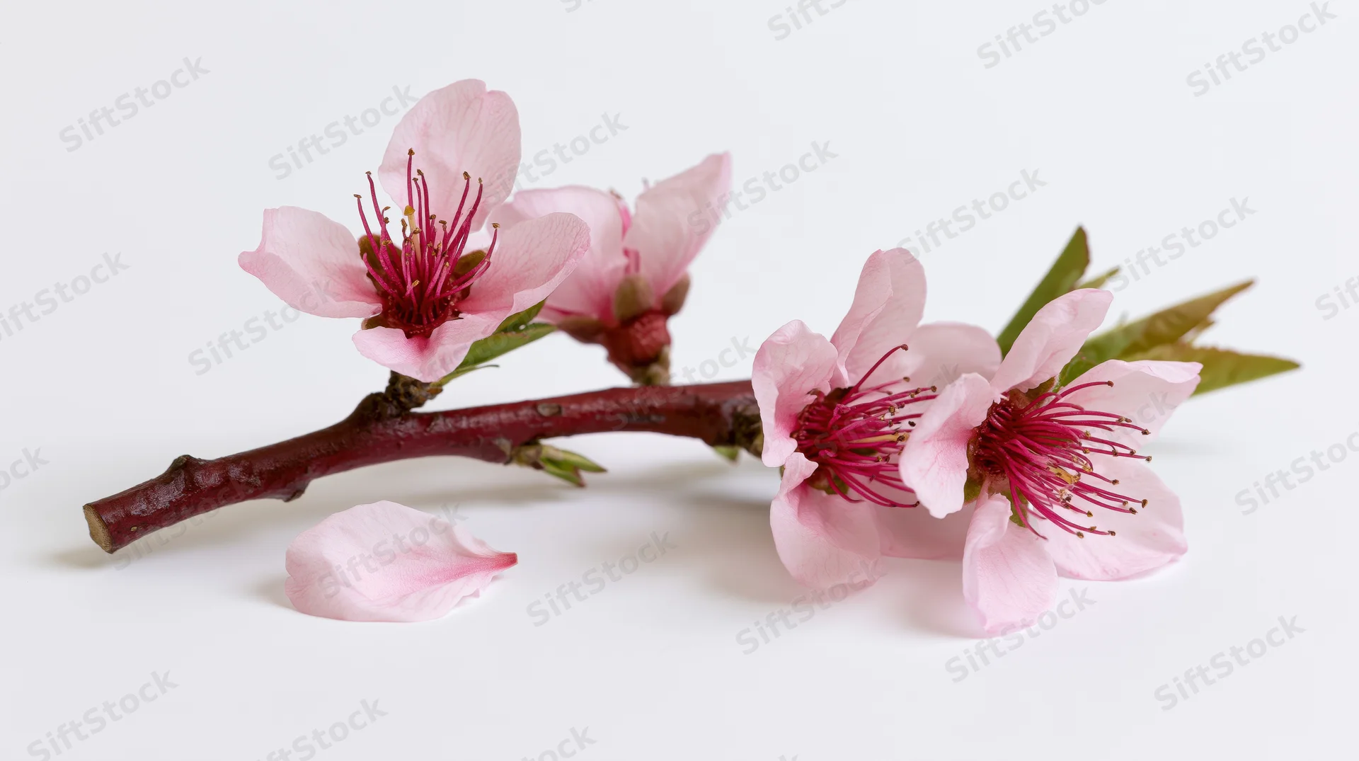 Peach blossom branch with four open pink flowers and green leaves on white background