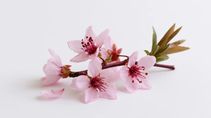 Peach blossom branch with pink flowers and green leaves on white background
