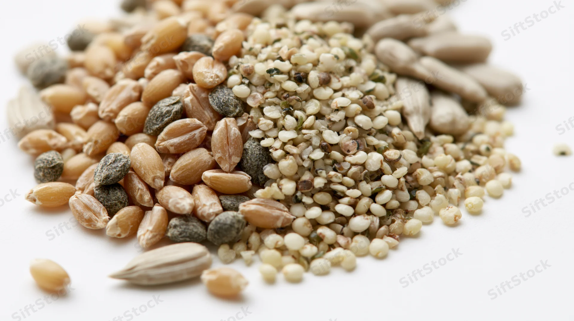 Scattered pile of mixed whole grains and seeds on white background