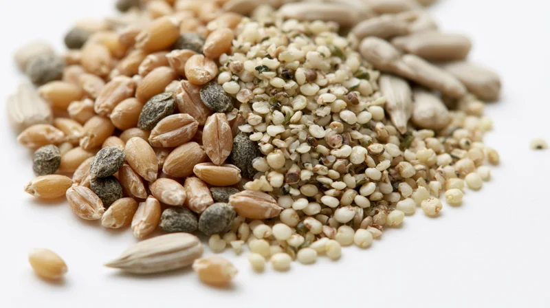 Scattered pile of mixed whole grains and seeds on white background
