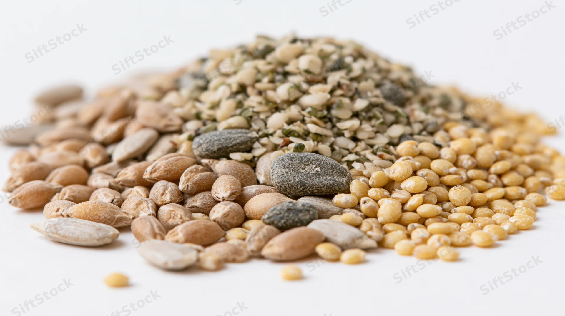 Scattered pile of mixed whole grains and seeds on white surface