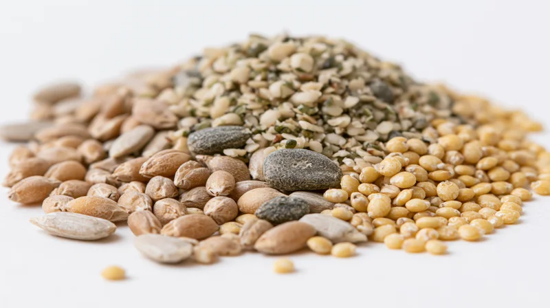 Scattered pile of mixed whole grains and seeds on white surface