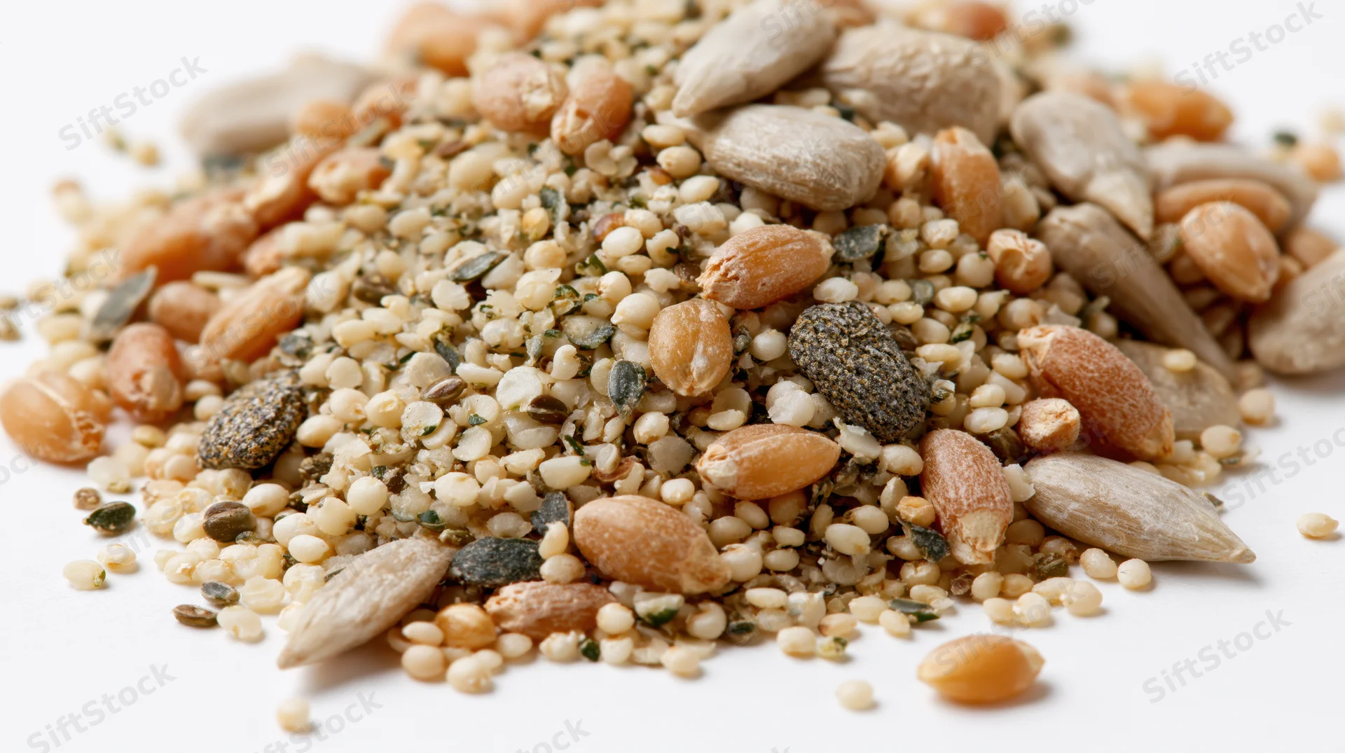 Scattered pile of mixed whole grains and seeds on white background