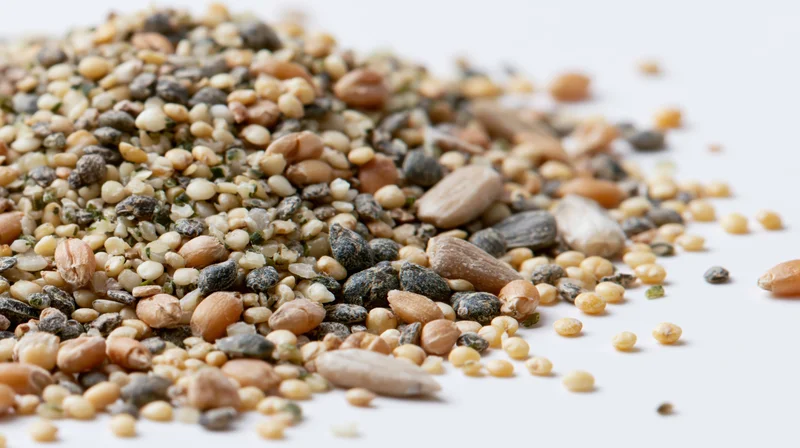 Scattered pile of mixed whole grains and seeds on white background