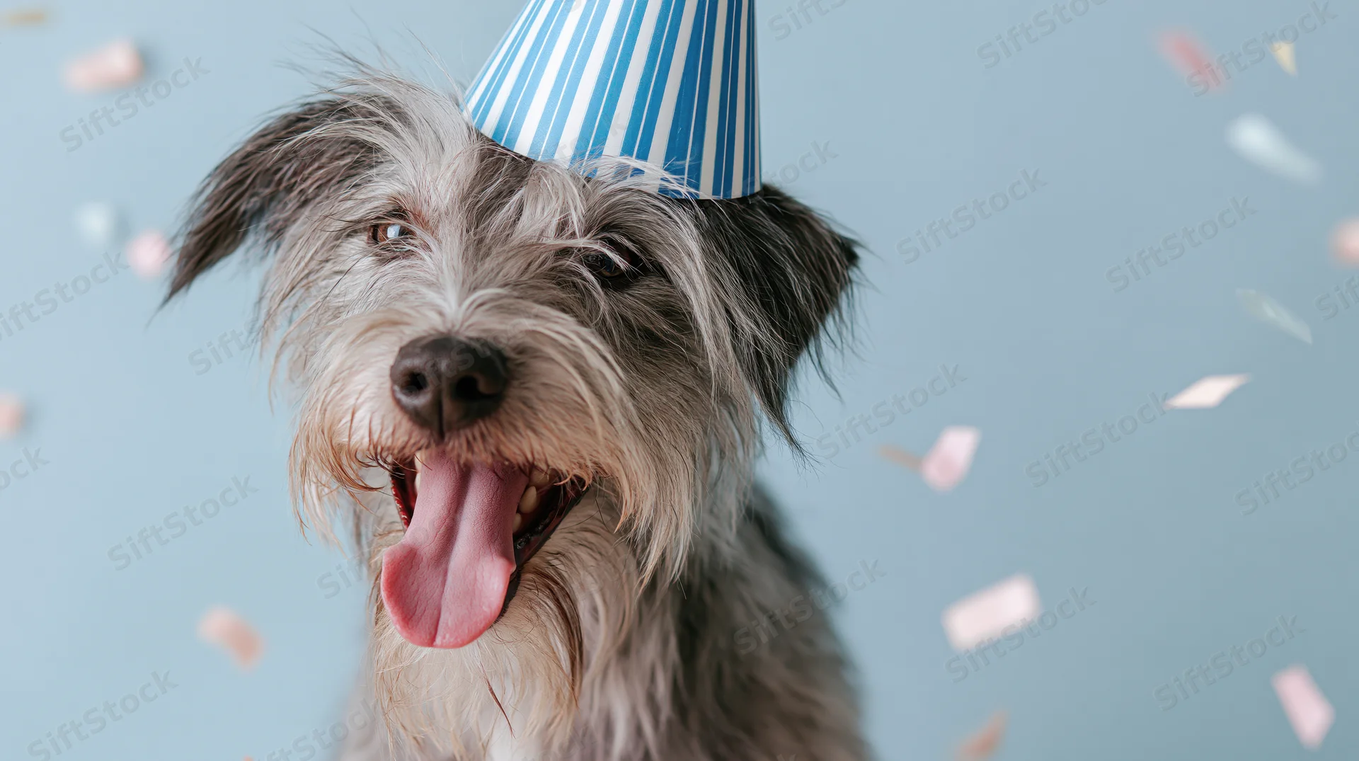 Scruffy terrier mix wearing striped party hat with confetti falling around it in studio setting