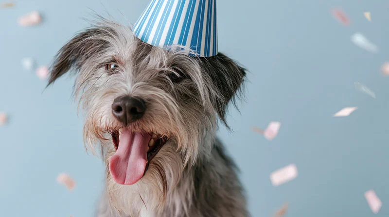 Scruffy terrier mix wearing striped party hat with confetti falling around it in studio setting