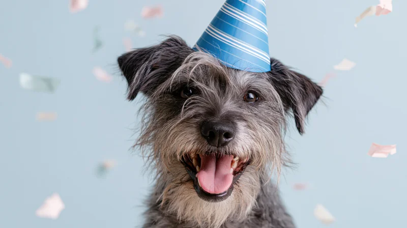 Scruffy terrier mix wearing blue striped party hat with confetti falling around it in studio setting