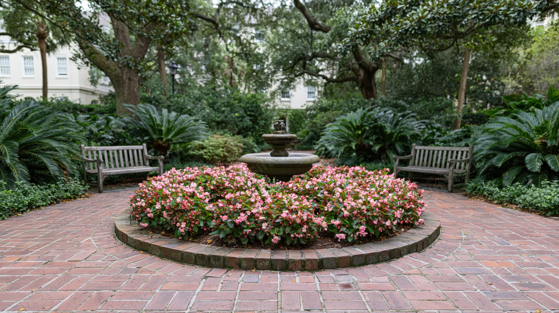 Small stone fountain surrounded by pink flowers in a circular brick garden with benches and trees