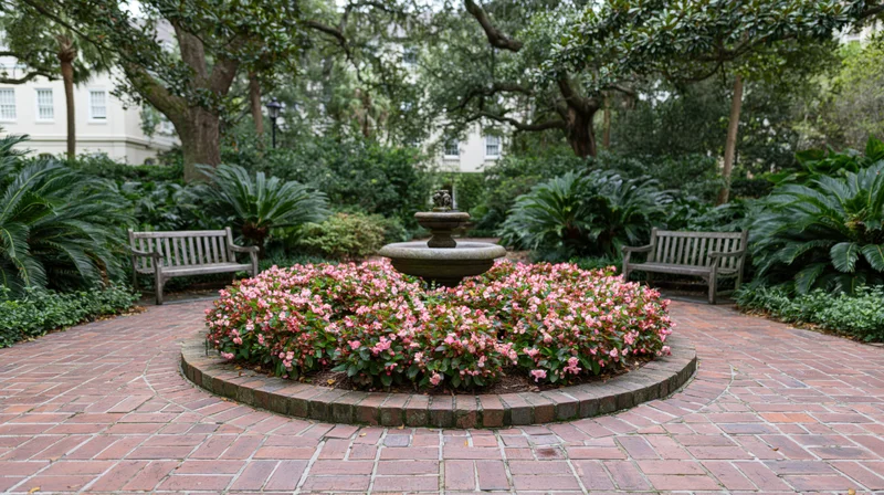 Small stone fountain surrounded by pink flowers in a circular brick garden with benches and trees