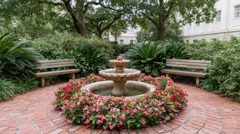 Stone fountain surrounded by pink flowers in a circular brick garden with benches and greenery