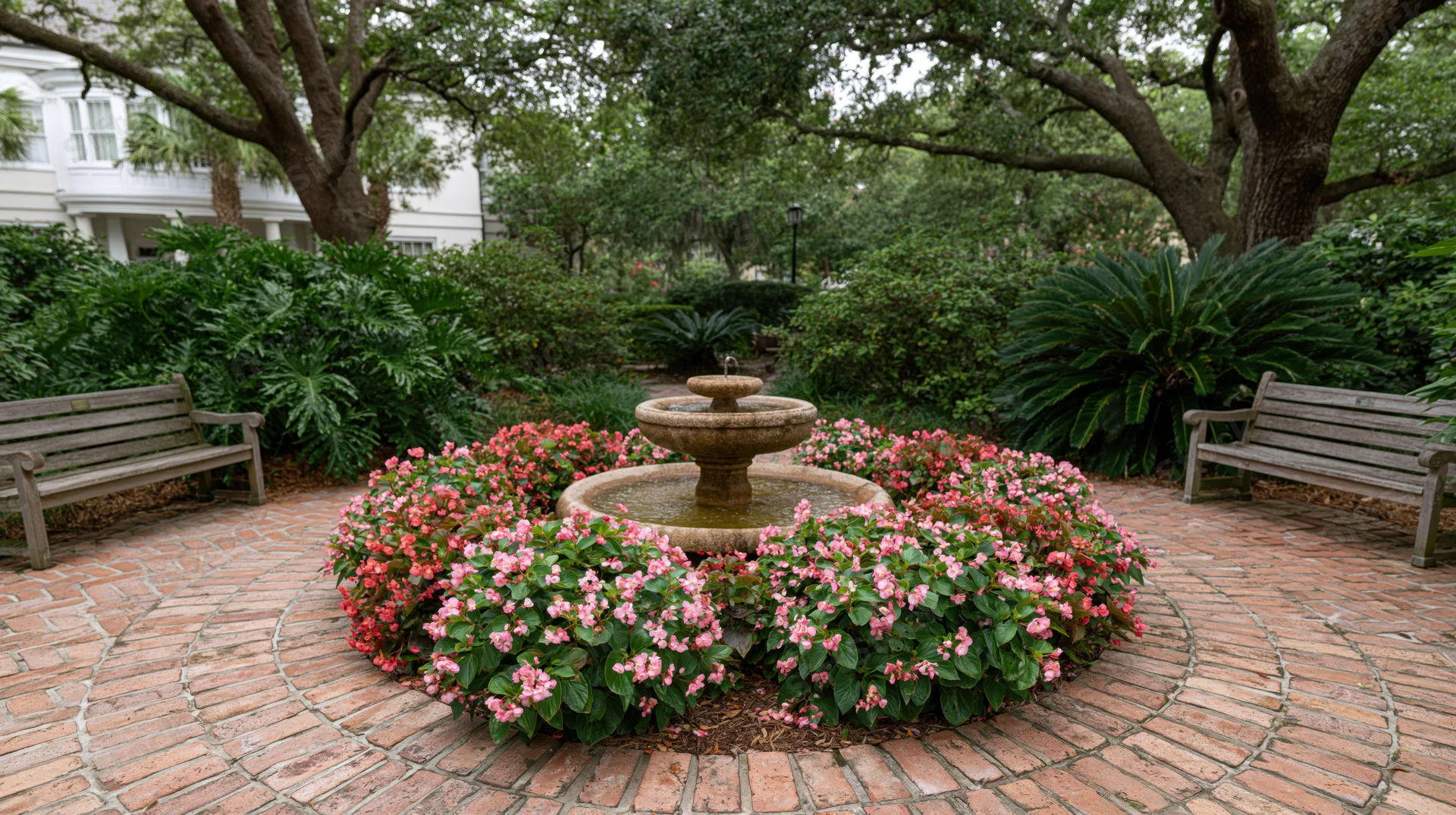 Stone fountain surrounded by pink flowers in a circular brick garden with benches and trees