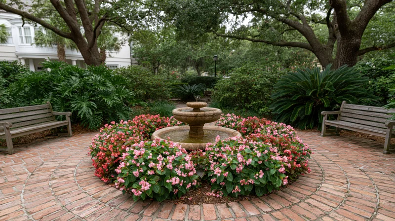 Stone fountain surrounded by pink flowers in a circular brick garden with benches and trees