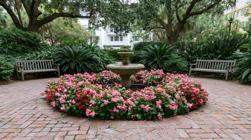 Small stone tiered fountain surrounded by circular bed of pink flowers in brick garden courtyard