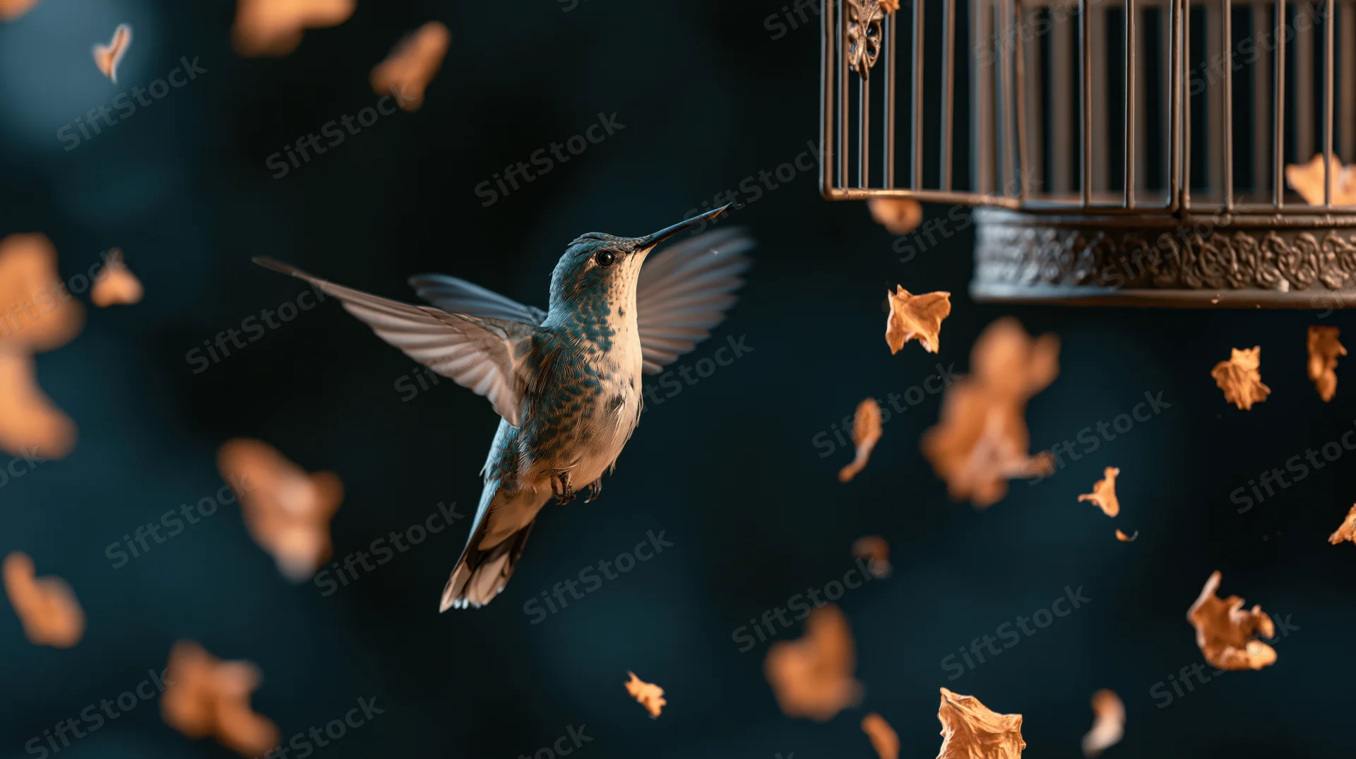 Hummingbird hovering mid-flight near a metal cage with falling autumn leaves in the background