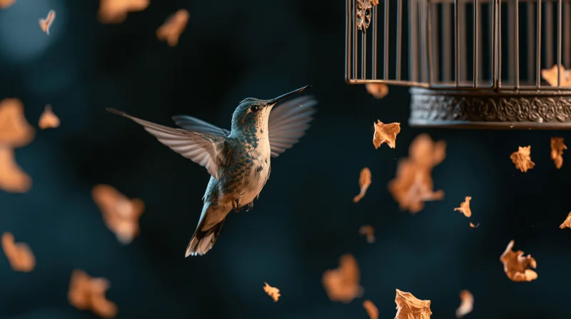 Hummingbird hovering mid-flight near a metal cage with falling autumn leaves in the background