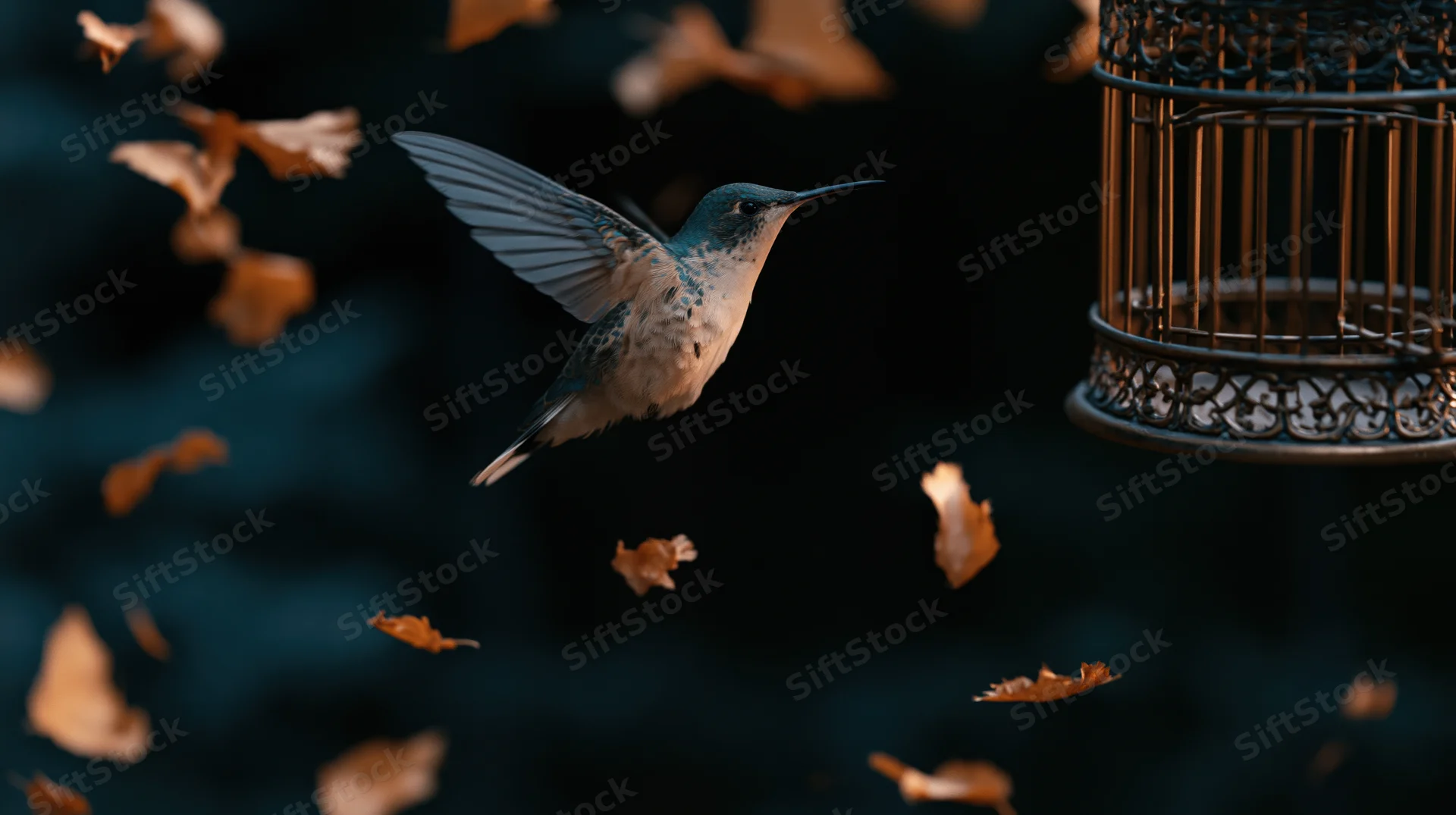 Hummingbird hovering mid-flight near a metal feeder with falling autumn leaves around it