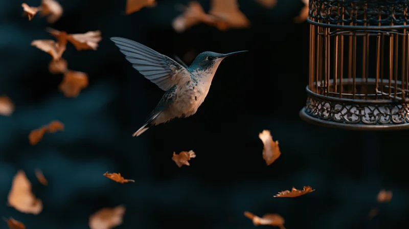 Hummingbird hovering mid-flight near a metal feeder with falling autumn leaves around it