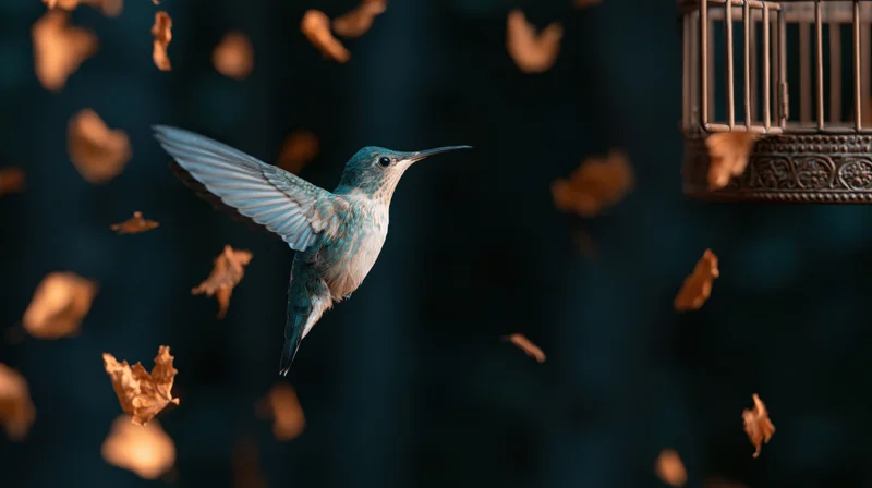 Hummingbird in mid-flight among falling autumn leaves near a decorative metal feeder