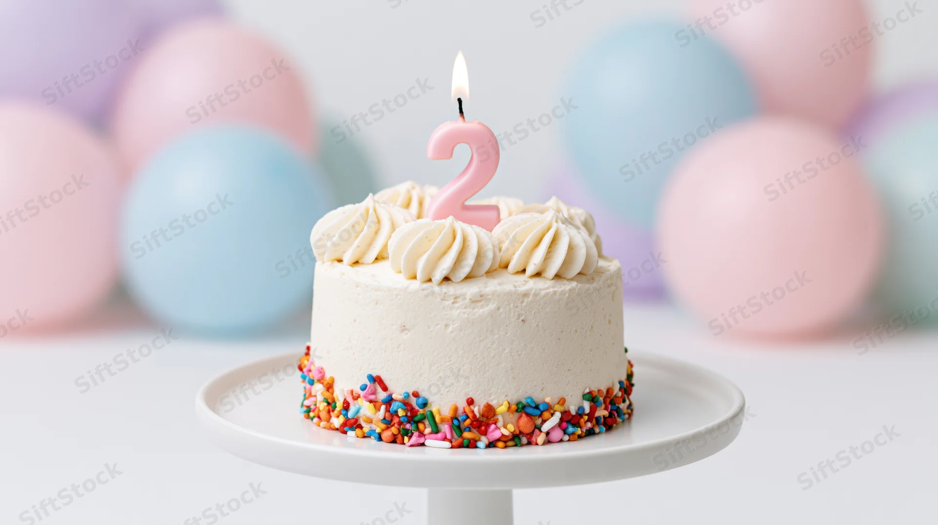 Small white frosted birthday cake with number two candle and colorful sprinkles on cake stand, pastel balloons in background