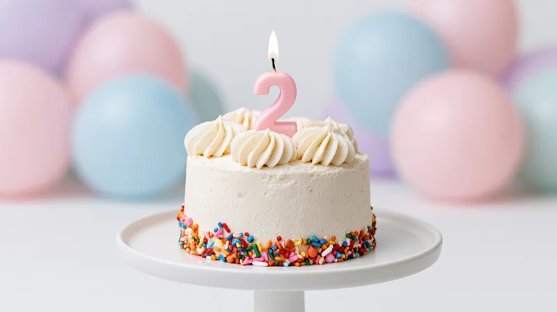 Small white frosted birthday cake with number two candle and colorful sprinkles on cake stand, pastel balloons in background