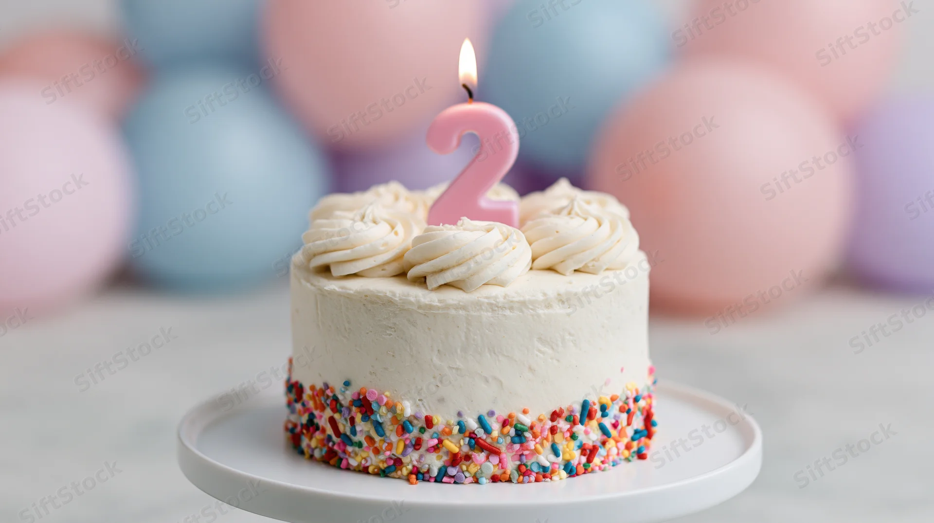 Small white frosted birthday cake with colorful sprinkles and a pink number two candle on a plate, with pastel balloons in the background
