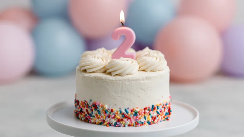 Small white frosted birthday cake with colorful sprinkles and a pink number two candle on a plate, with pastel balloons in the background