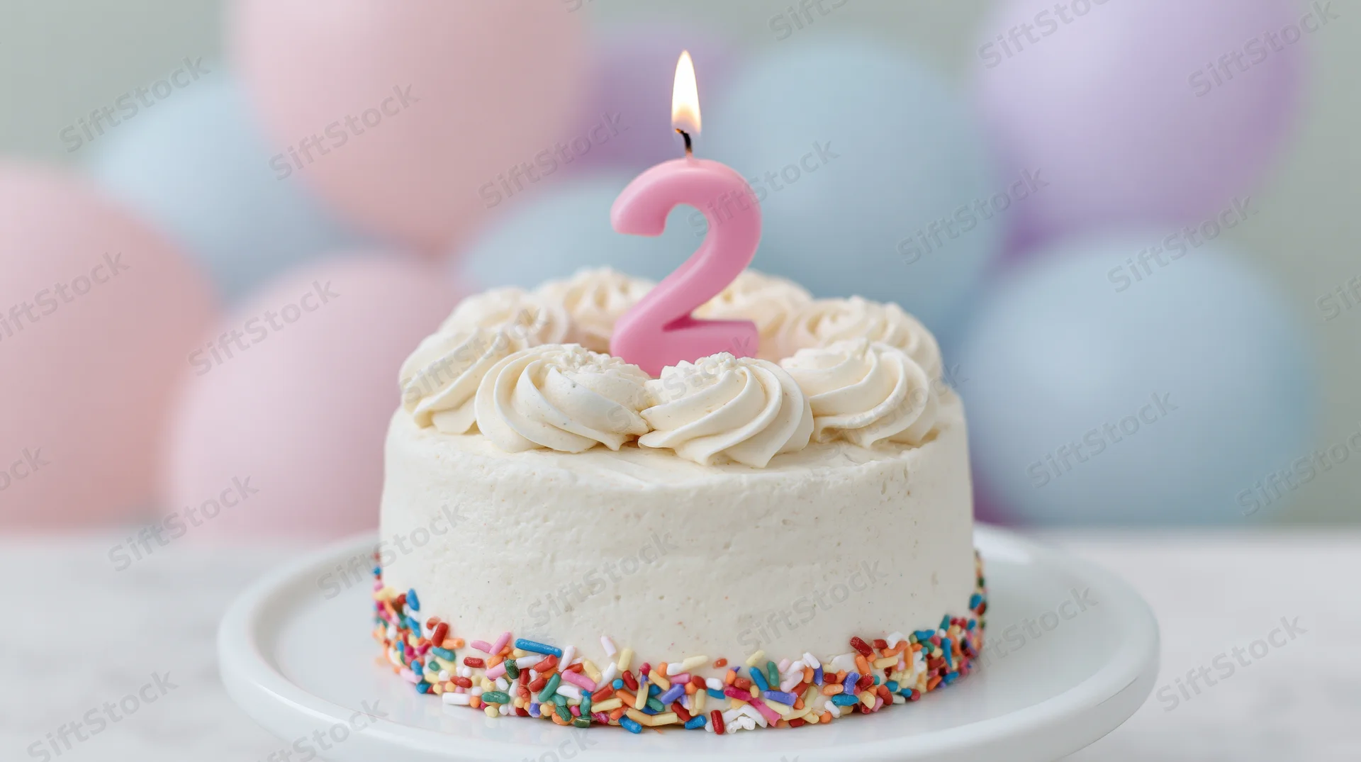 Small white frosted birthday cake with pink number two candle and colorful sprinkles on plate, pastel balloons in background