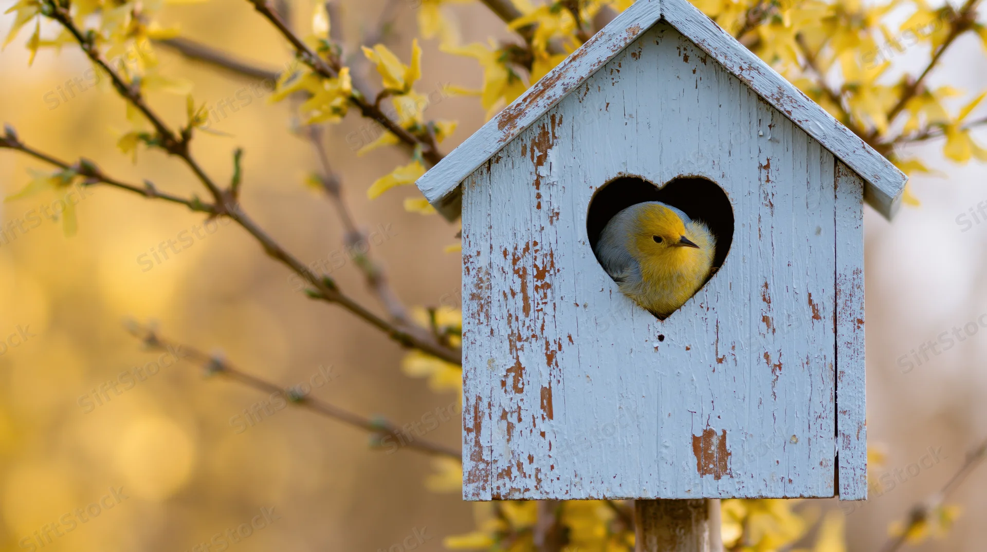 Small yellow bird peeking through heart-shaped opening in weathered blue wooden nestbox among blooming forsythia branches