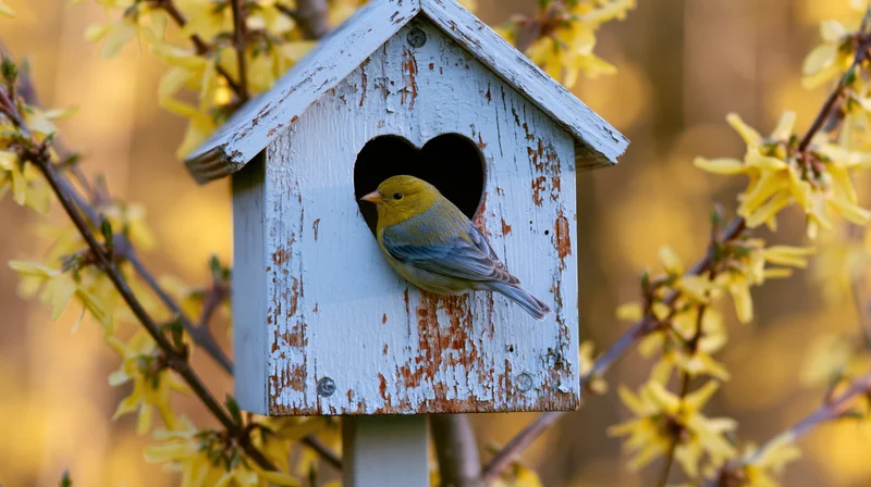 Small yellow bird perched inside weathered pale-blue wooden birdhouse with heart-shaped opening among blooming forsythia branches