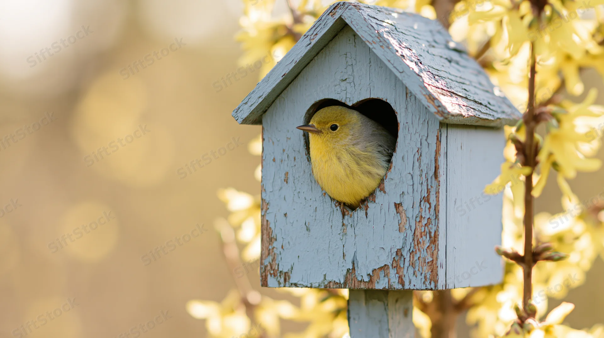 Small yellow bird peering from a weathered blue wooden nestbox among flowering branches in spring