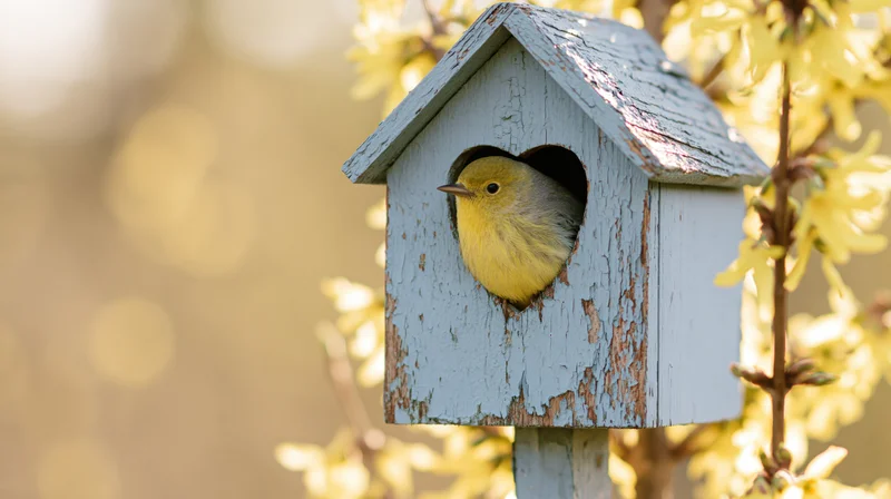 Small yellow bird peering from a weathered blue wooden nestbox among flowering branches in spring