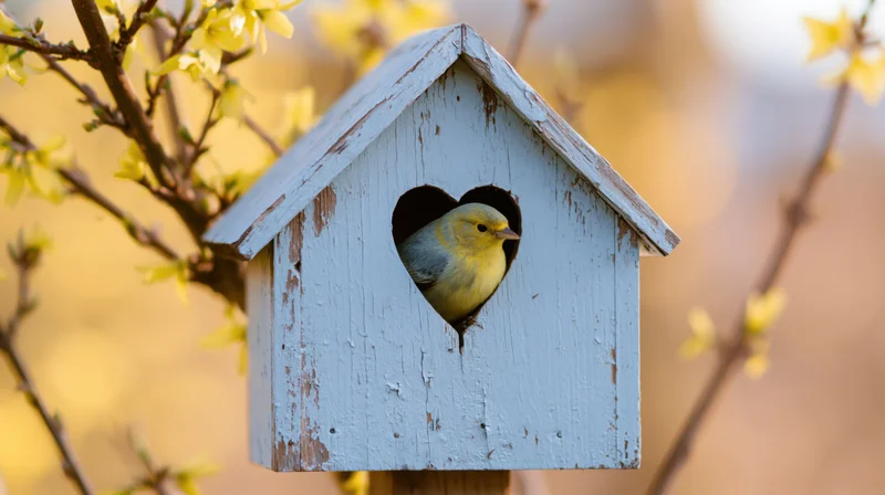 Small yellow bird peering through heart-shaped opening in weathered blue wooden birdhouse among flowering branches
