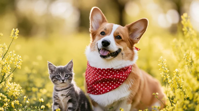 Corgi and kitten sitting together in a field of yellow flowers