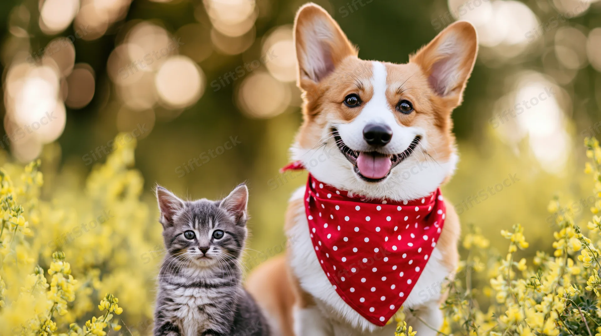 Smiling corgi with red polka-dot bandana and gray kitten in a field of yellow flowers