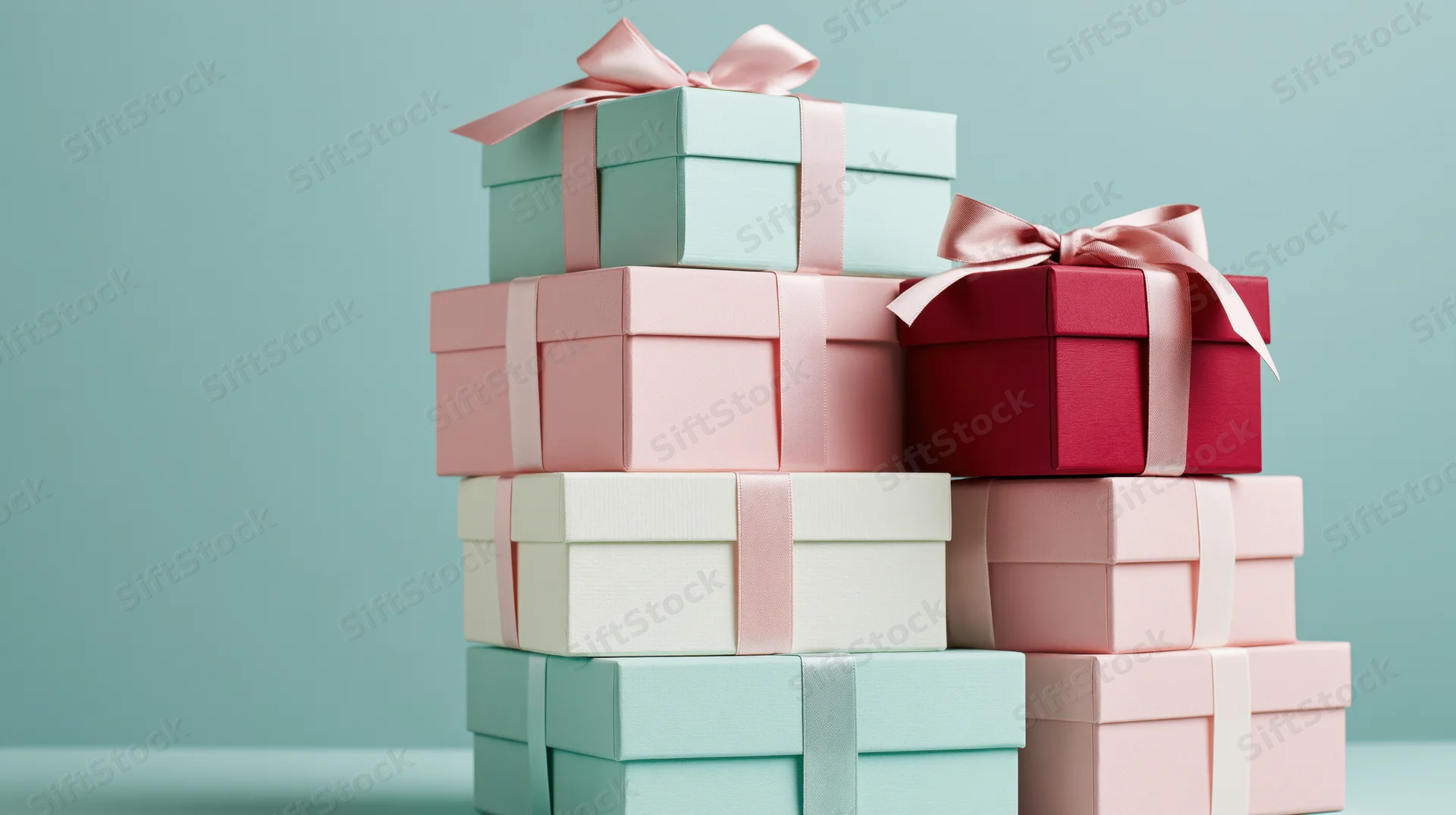 Stack of pastel gift boxes with satin ribbon bows arranged in a pile against a teal background
