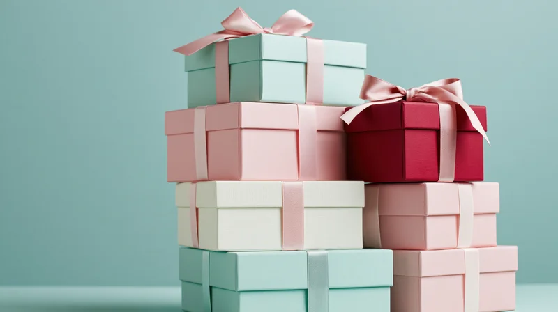 Stack of pastel gift boxes with satin ribbon bows arranged in a pile against a teal background