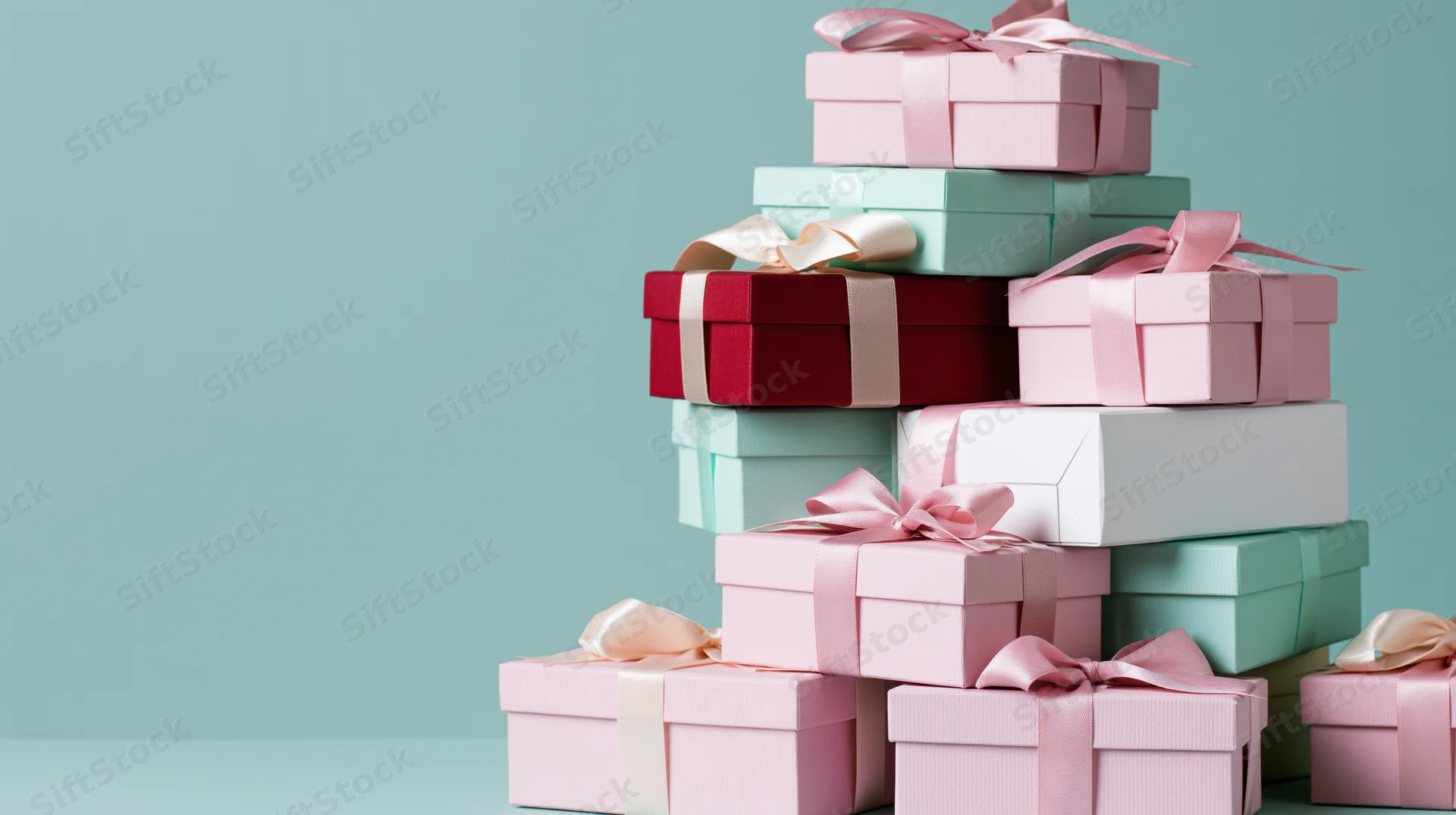 Stack of wrapped gift boxes with satin ribbon bows piled to the right on a pastel teal background