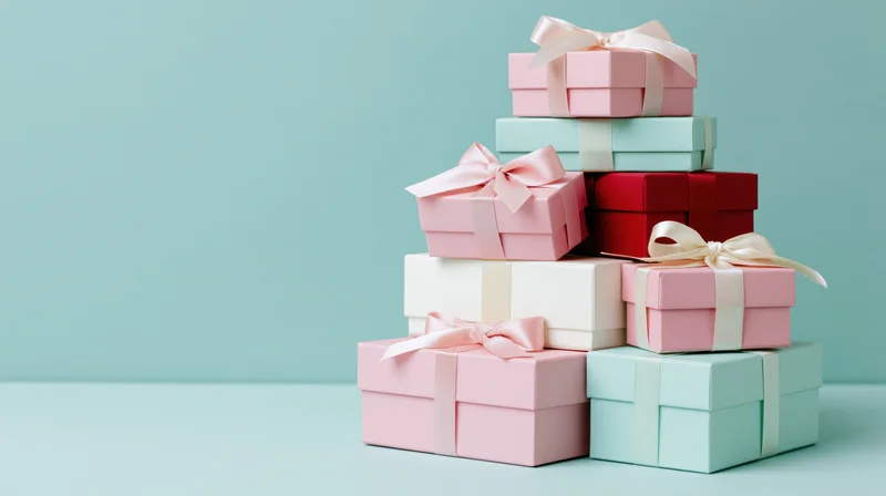 Stack of wrapped gift boxes with satin ribbon bows piled on a pastel teal surface