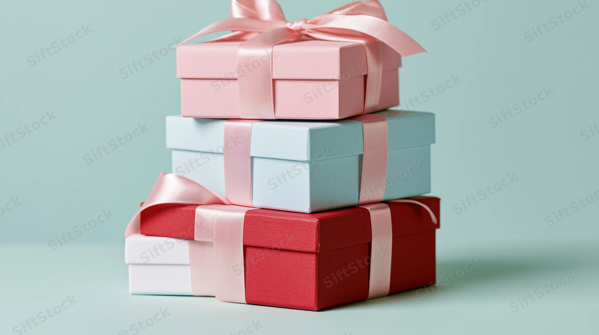 Stack of wrapped gift boxes with satin ribbon bows on pastel background