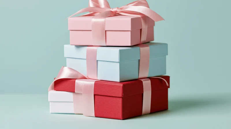 Stack of wrapped gift boxes with satin ribbon bows on pastel background