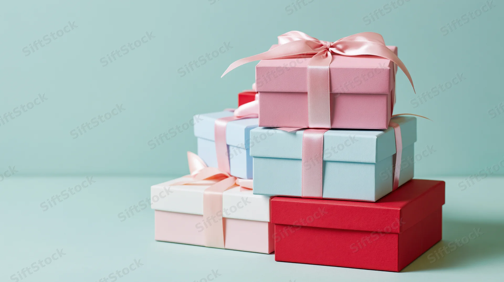 Stack of wrapped gift boxes with satin ribbon bows on a pastel background