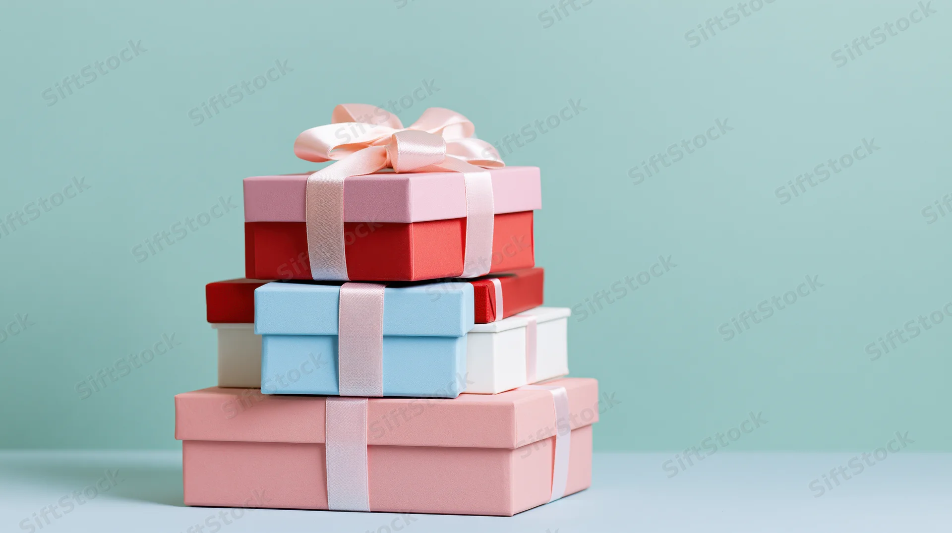 Stack of wrapped gift boxes with satin ribbon bows on pastel background