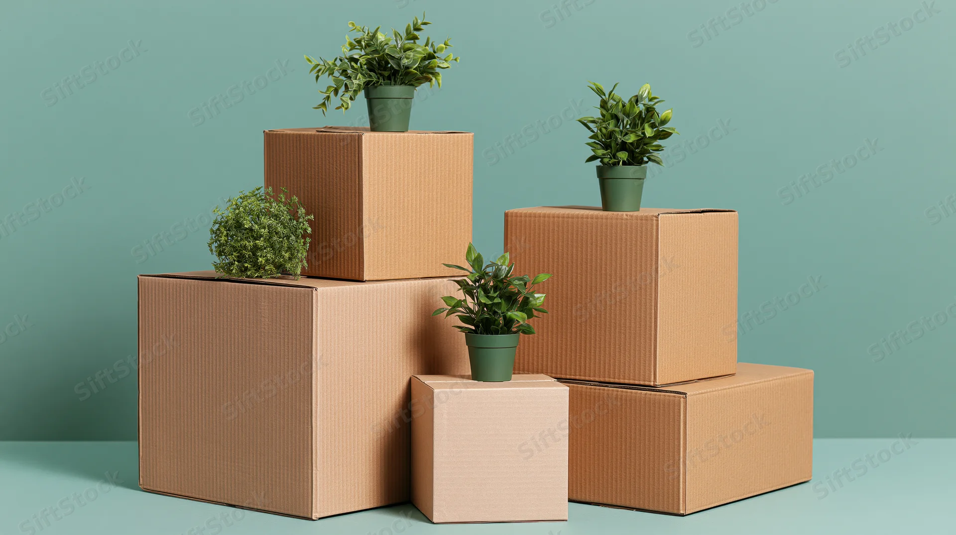Stacked cardboard boxes arranged in tiers with potted green plants on top against a teal background