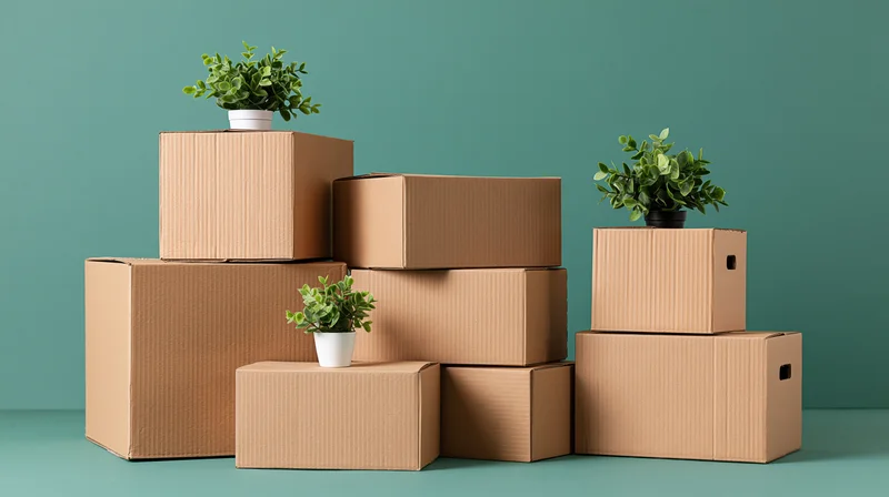 Stacked cardboard moving boxes arranged in a still-life composition with potted plants on top against a teal background