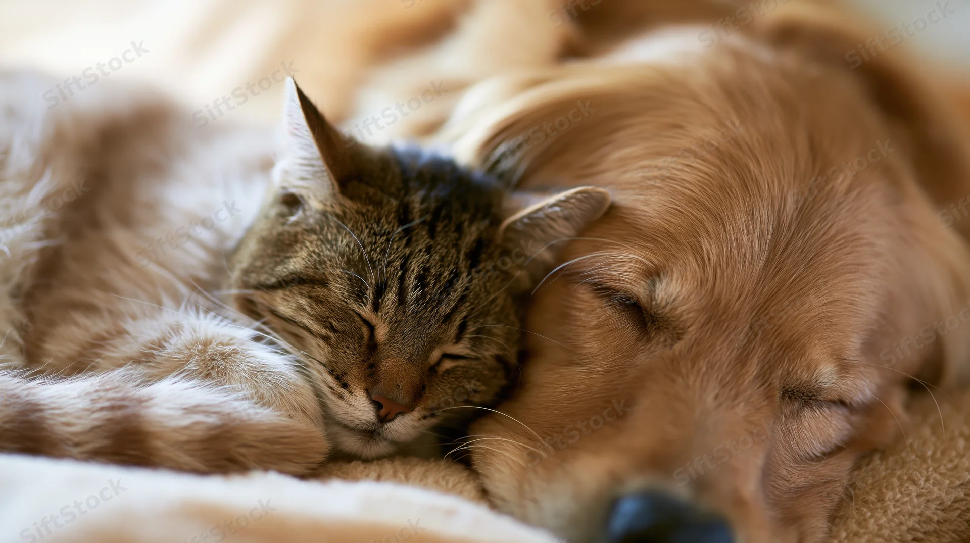 Tabby cat and golden retriever sleeping curled together on a soft surface