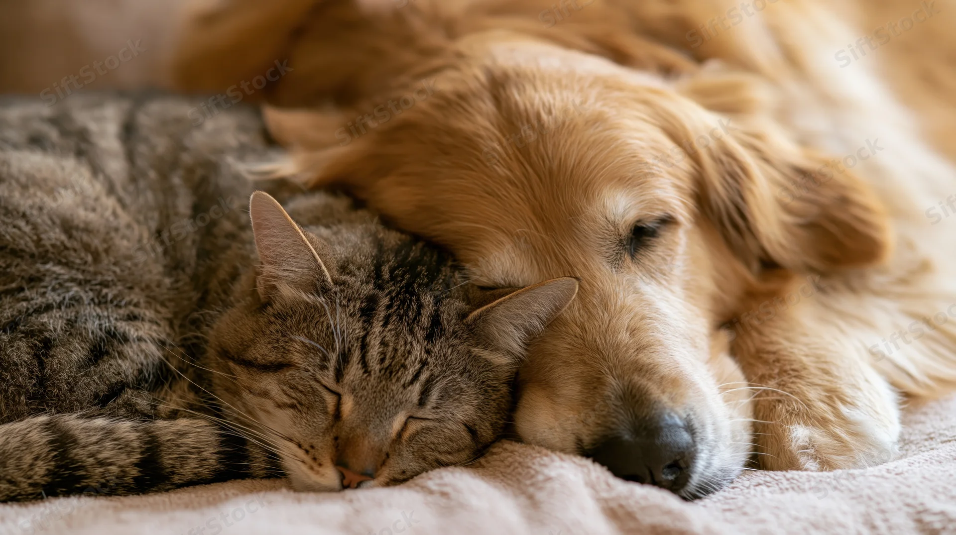 Tabby cat and golden retriever sleeping curled together on a soft blanket